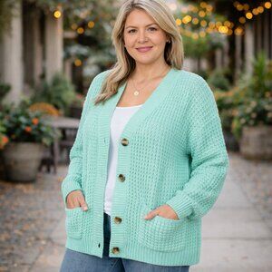 Plus Size Cardigan with Large Pockets Buttoned Front - Mint